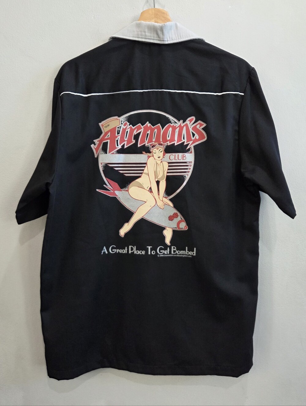 Cruisin USA Bowling Shirt Airman's Club Pinup Bikini Girl Bomb Men's Small